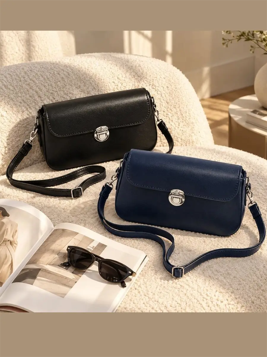 1 Women's classic rectangular shoulder bag with silver metal clasp and adjustable strap in black and navy blue