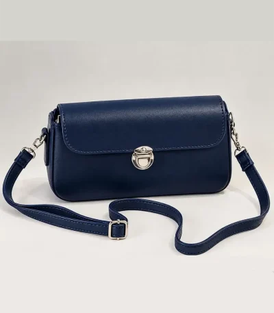 Women's classic rectangular shoulder bag with silver metal clasp and adjustable strap in black and navy blue
