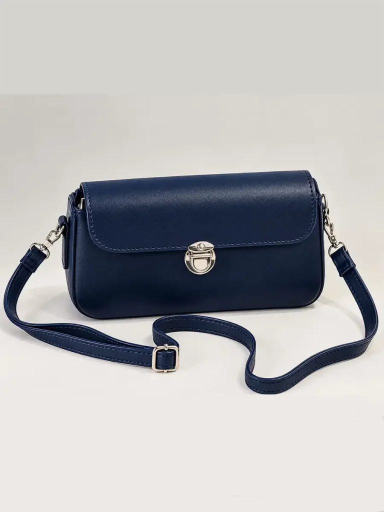 Women's classic rectangular shoulder bag with silver metal clasp and adjustable strap in black and navy blue